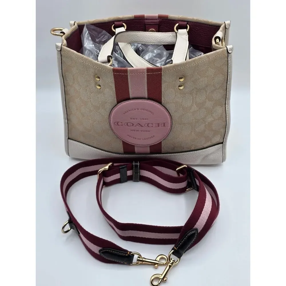 Coach Dempsey Tote 22 Signature Jacquard Khaki Chalk Pink Stripe Crossbody Bag